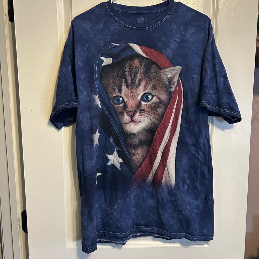 Patriotic Cat Tie Dye Navy Blue Graphic T-Shirt Unisex Size XL